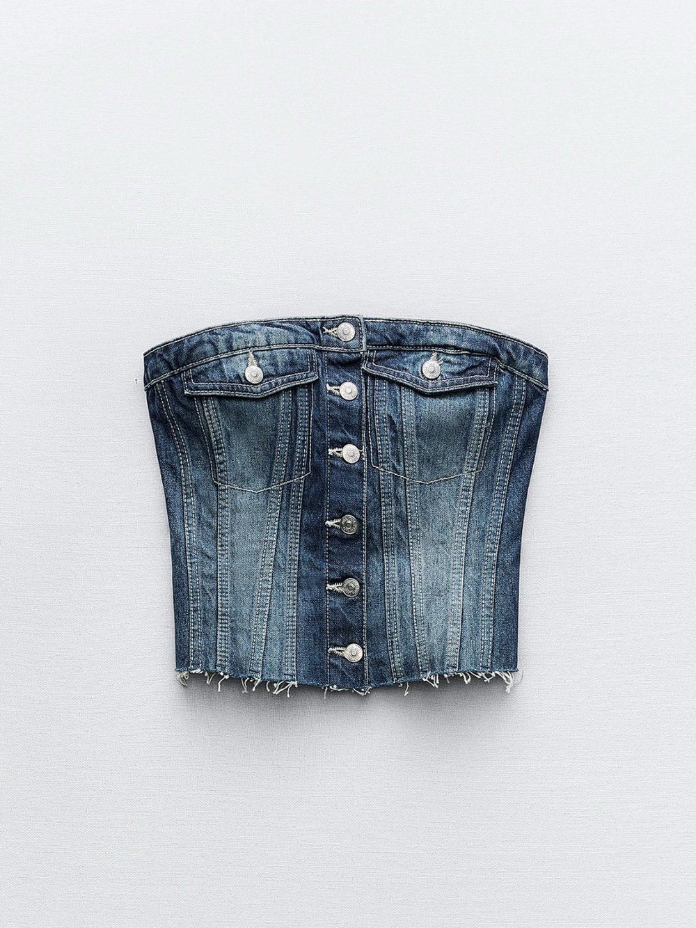 Zara Blue Denim Strapless Button-Up Bustier Top